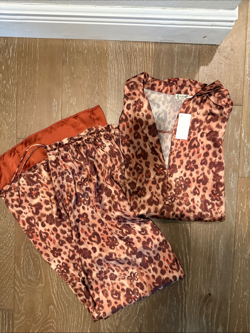 Free People Coral Red Leopard Satin Two-Piece Pajama Set - Picture 2 of 6